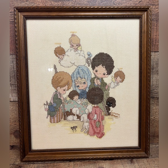 Vintage Completed Framed Cross Stitch Precious Moments Nativity Manger Religious - Picture 1 of 8